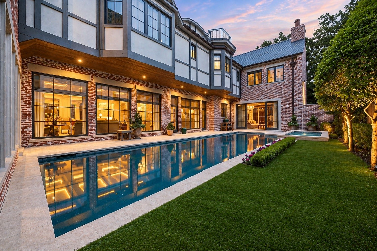 2158 Chilton Road, Houston, TX 77019 *VIRTUALLY RENDERED YARD* Designed for relaxation and entertaining, the backyard features a heated pool and spa, sprinkler system, and pet hydration station. Elegant touches like landscape lighting and a 30kW generator provide convenience and luxury.