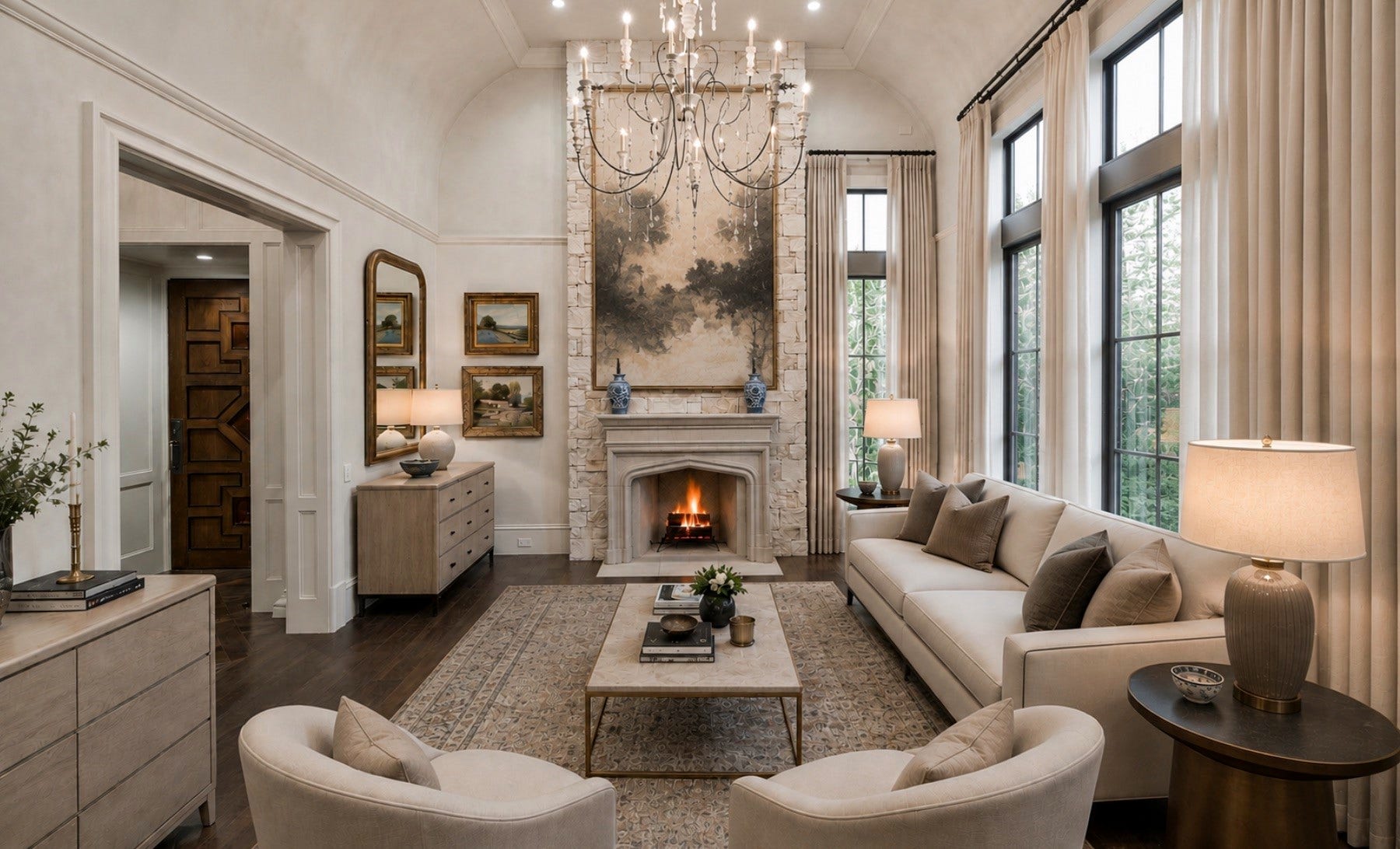 2158 Chilton Road, Houston, TX 77019 *Virtually Rendered* Rich architectural detailing and a warm fireplace create an intimate atmosphere within the luxurious space.