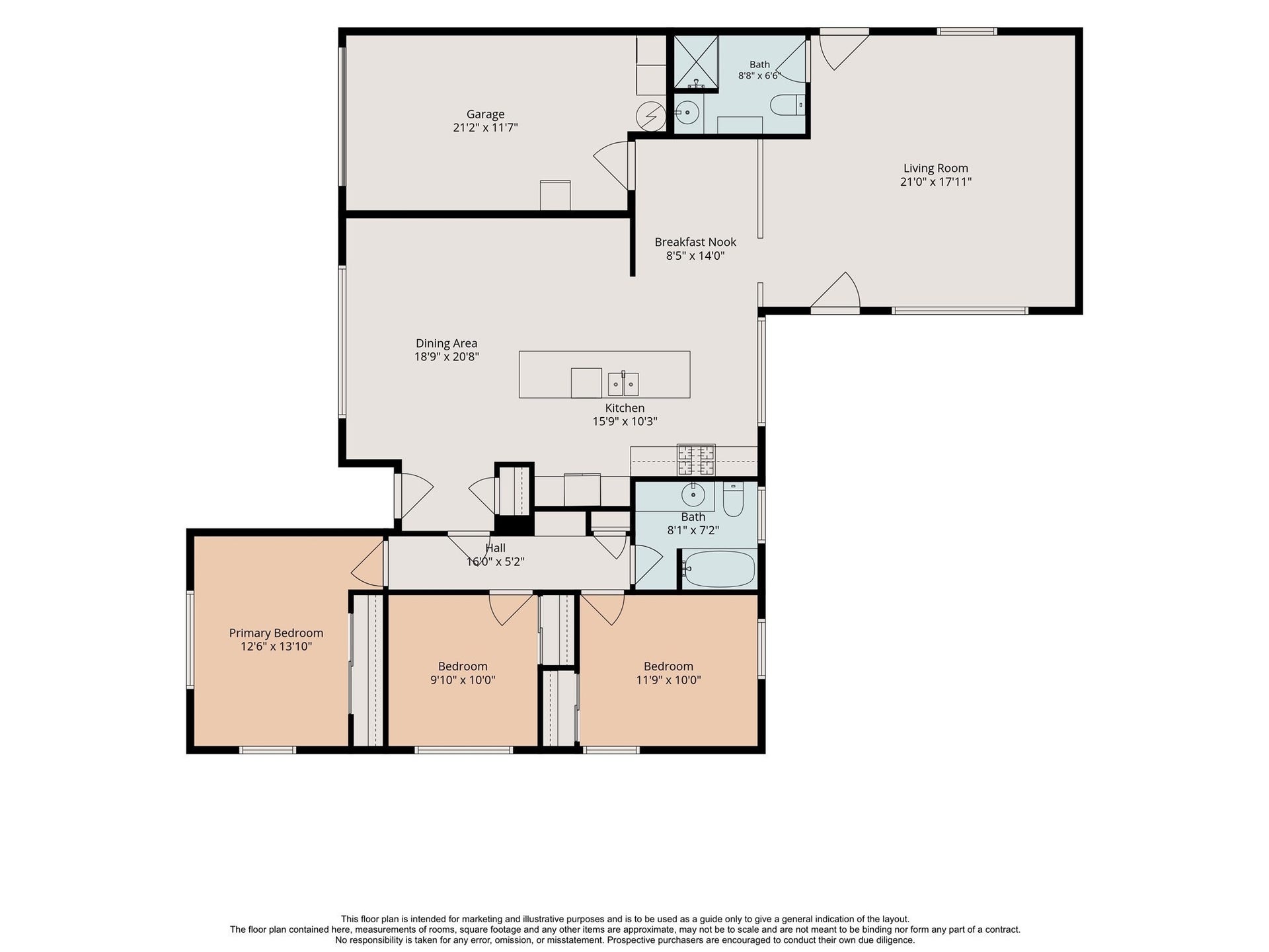 2318 Cheshire Lane, Houston, TX 77018 Floor plan illustrates 3 bedrooms, 2 baths and the connected kitchen, breakfast and living areas. Bedrooms occupy a separate wing from the main gathering spaces. Dimensions are approximate and should be independently verified.