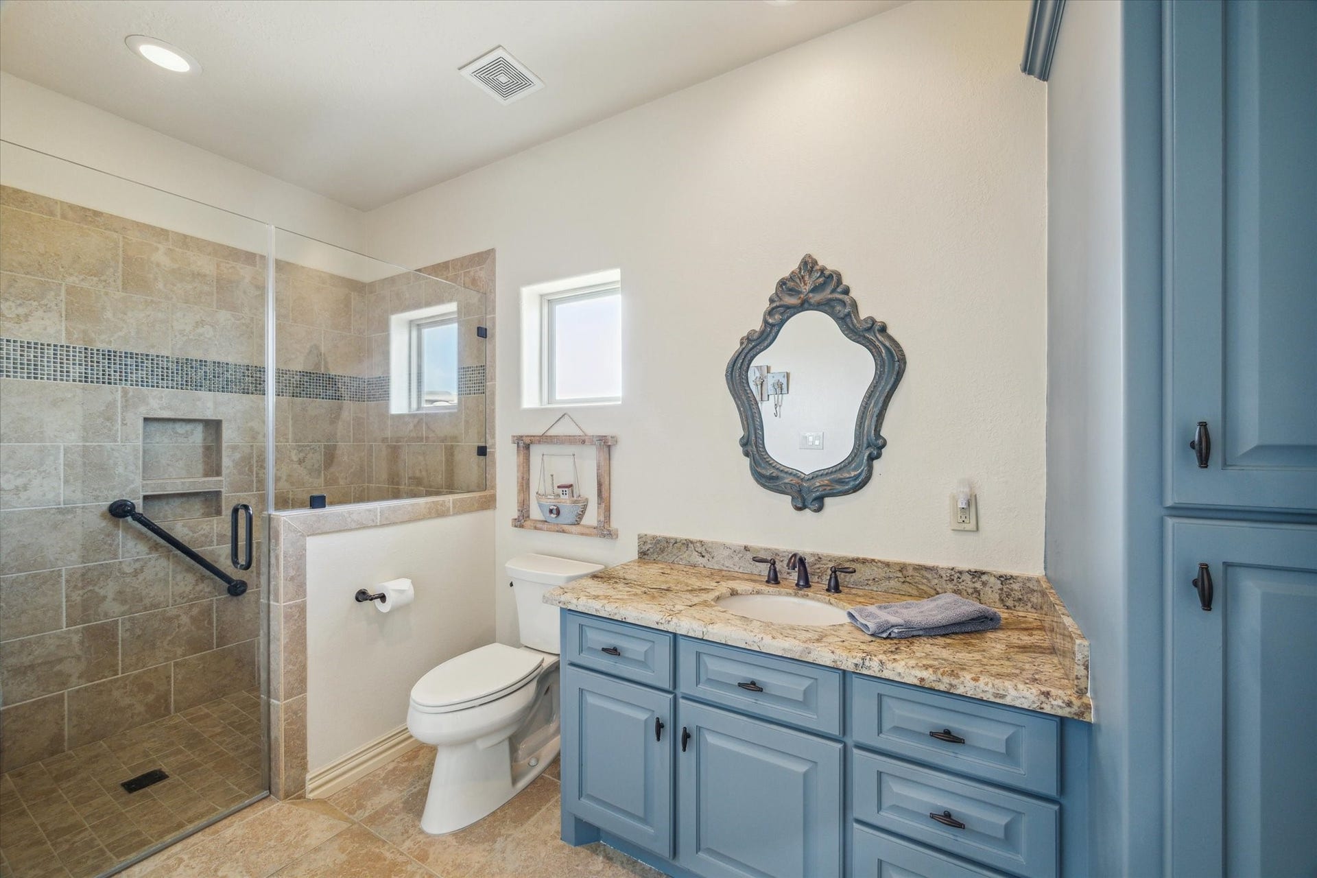 9 Happy Jack, Hitchcock, TX 77563 The home offers four full-size bathrooms, including one that is thoughtfully designed to be handicapped accessibleensuring comfort and convenience for all