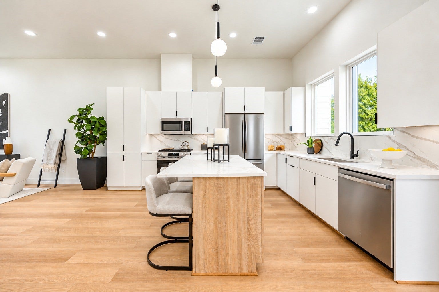 Kitchen with gas cooking, ample cabinet storage,under-cabinet lighting and an island with seating. *Refrigerator virtually added.