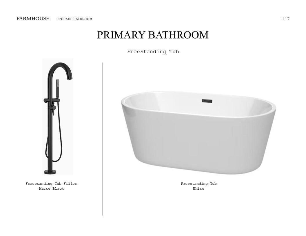 Farmhouse Look Palette 6: Primary Bathroom Selection Sheet (*Artist rendering used for illustration purposes only.)