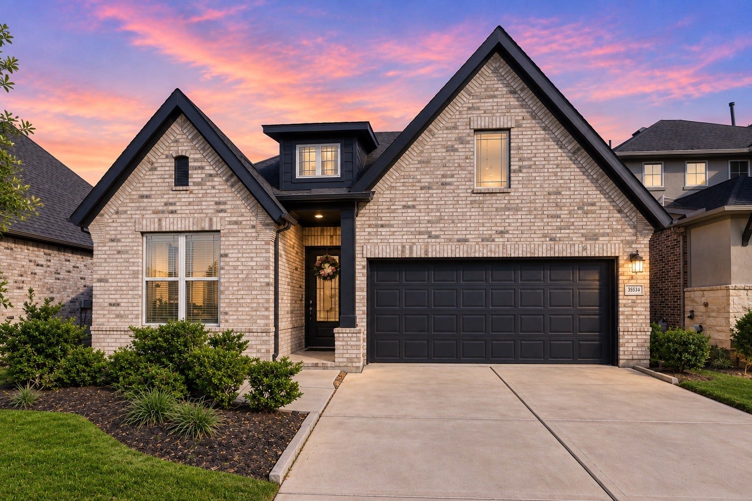 Welcome home to 31834 Pecan Meadow Lane in the Pecan Ridge community and zoned to Lamar ISD. This stunning modern-traditional brick home features a dramatic gabled facade, a sleek black two-car garage, and elegant low-maintenance landscaping.