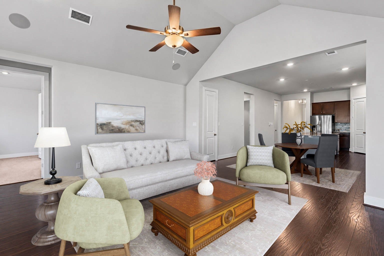 Bright and airy open-concept living space seamlessly combining the family room, dining area, and kitchenperfect for modern living and effortless entertaining. *Virtually Staged