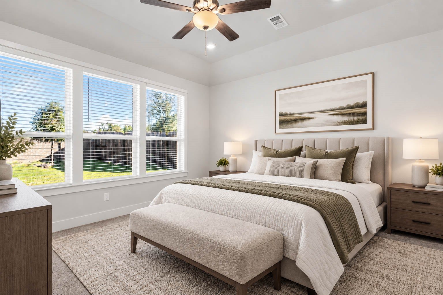 The spacious primary bedroom suite serves as a serene private retreat, highlighting an elegant tray ceiling architectural accent, plush carpeting, a modern ceiling fan, and an expansive wall of windows that frame peaceful views of the backyard. *Virtually Staged