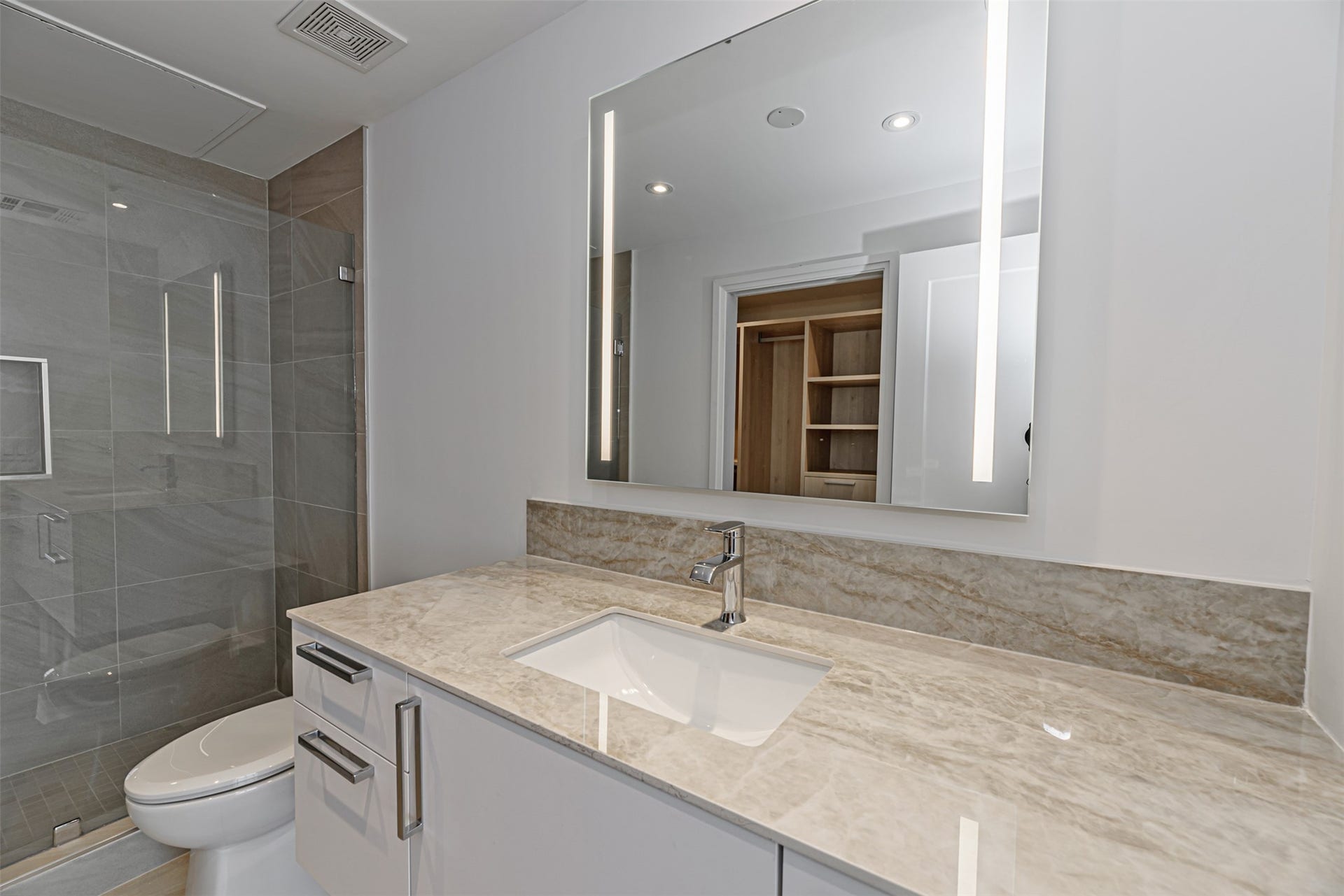 1701 Hermann Drive, #25A, Houston, TX 77004 Designer finishes include backlit vanity mirror, porcelain countertop and frameless glass shower with hand-held sprayer.