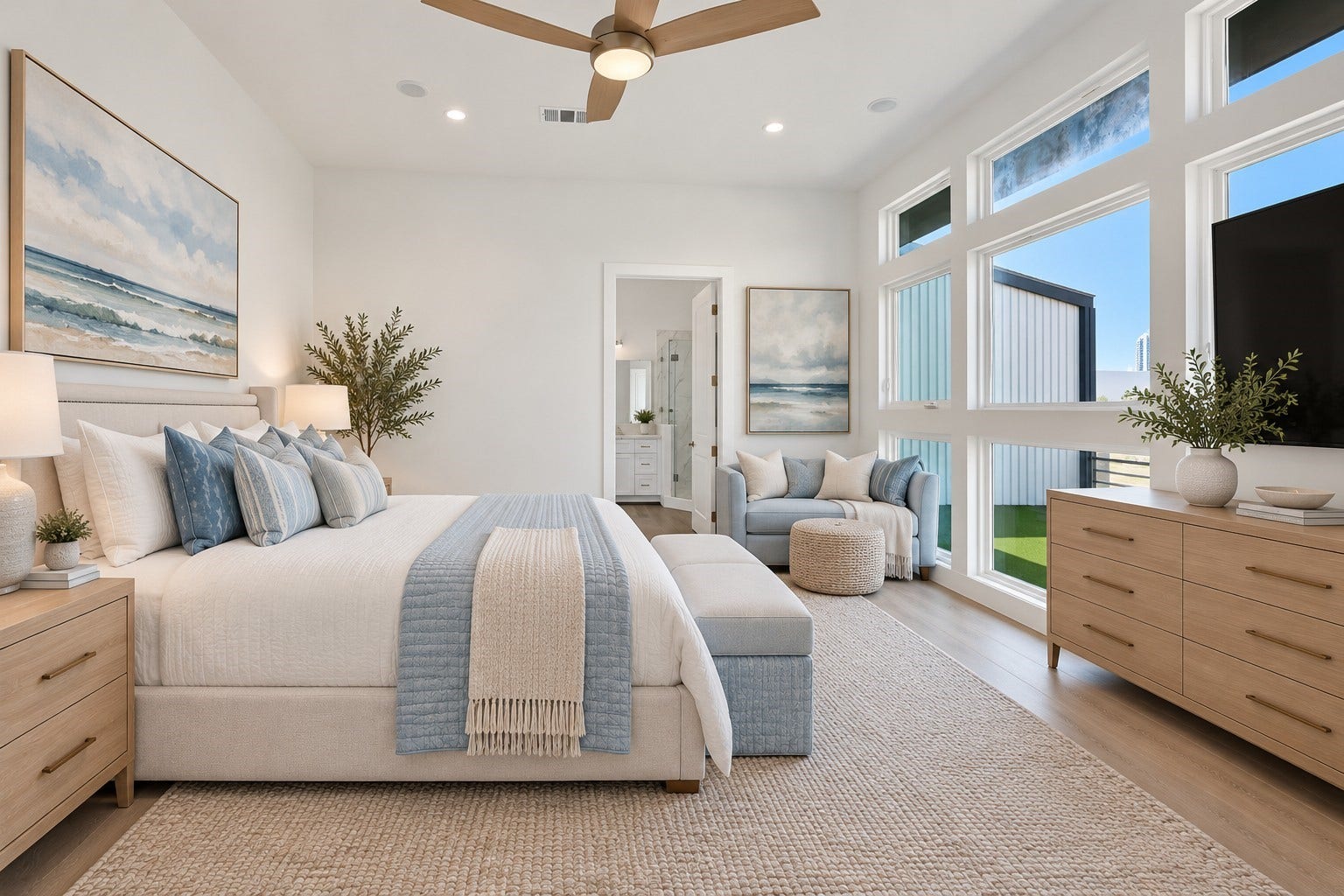 119 Kirby Road, #5304, Taylor Lake Village, TX 77586 Spacious living area with abundant natural light, expansive windows, and a modern ceiling fan, offering scenic views and access to a private balcony. (Virtually staged room).