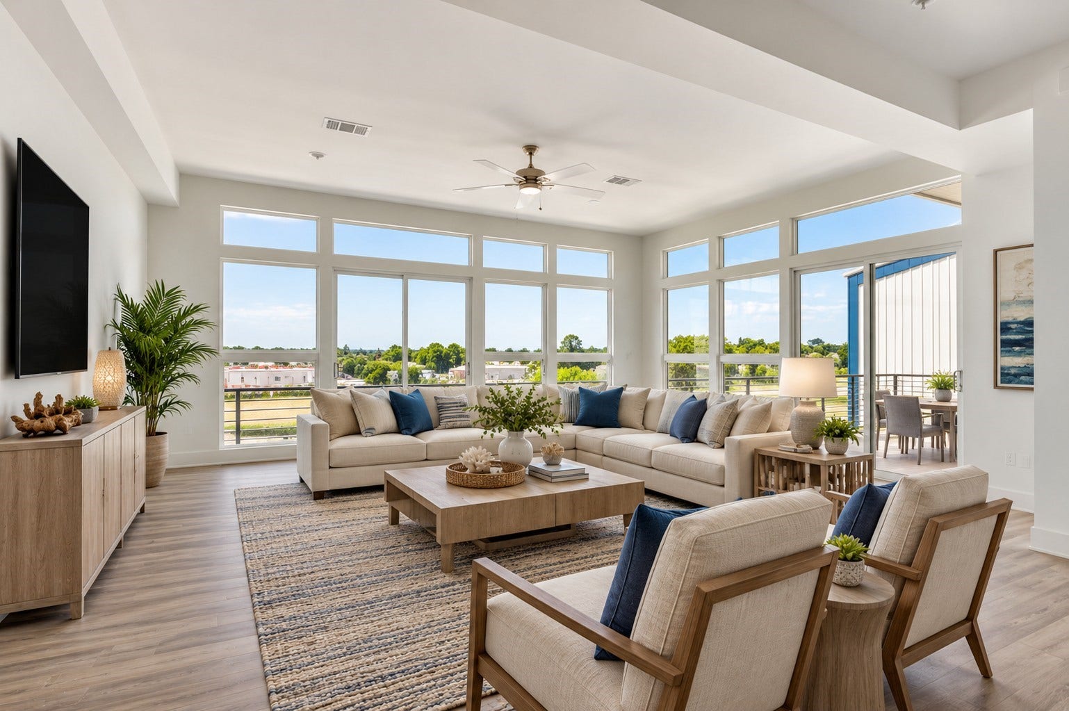119 Kirby Road, #5304, Taylor Lake Village, TX 77586 Large living area with a wall of windows features abundant natural light, featuring a cozy seating arrangement, elegant dining space, and a modern kitchen with stylish fixtures. (Virtually staged room).