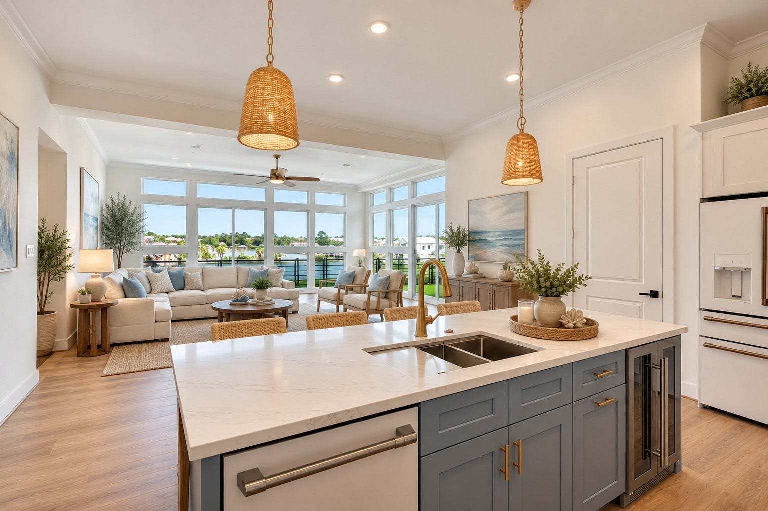119 Kirby Road, #5304, Taylor Lake Village, TX 77586 Bright and inviting open-concept living space featuring large windows, stylish furnishings, and a modern kitchen with a spacious island and dining area, perfect for entertaining.