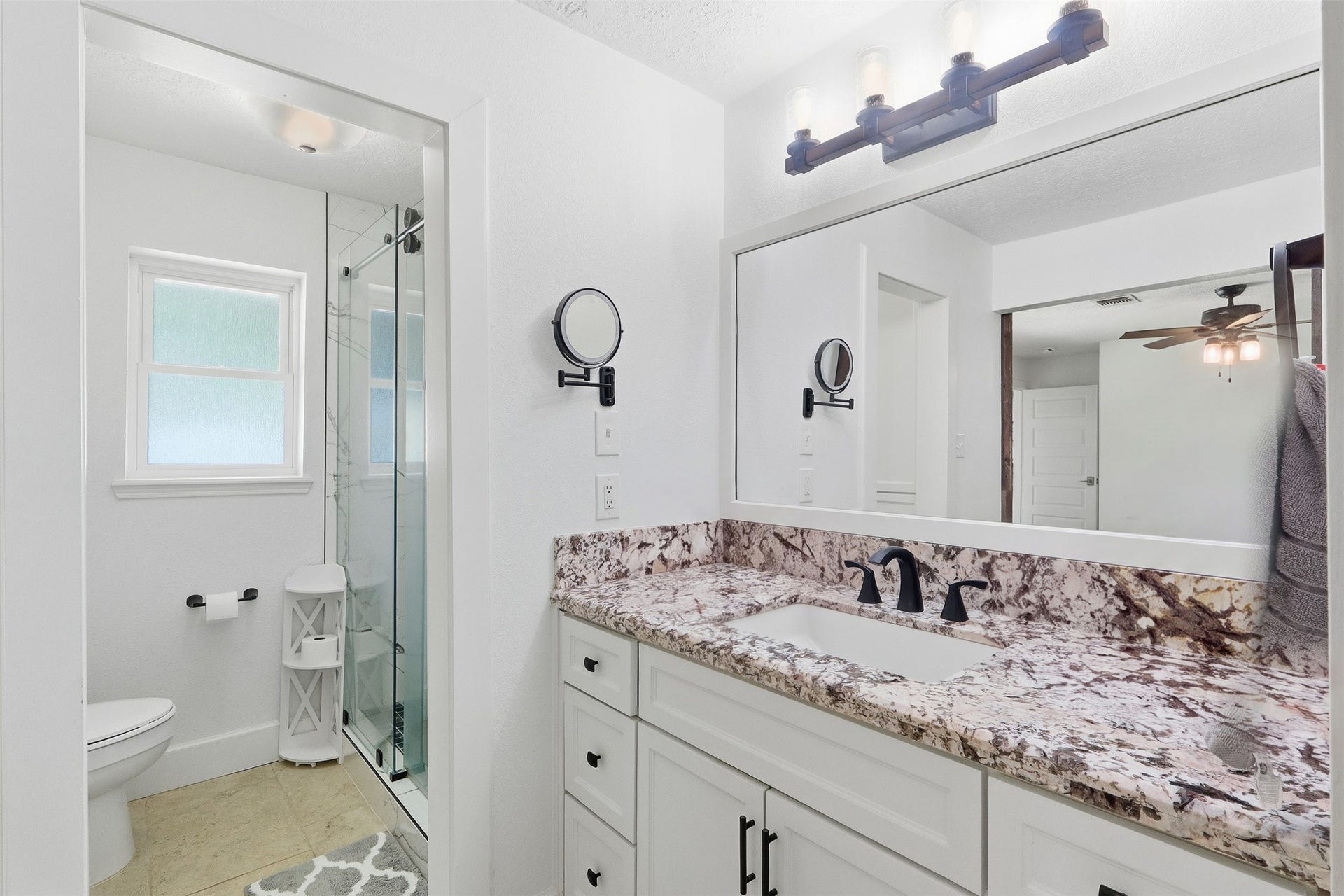 Shower to one side and walk in closet to the other side