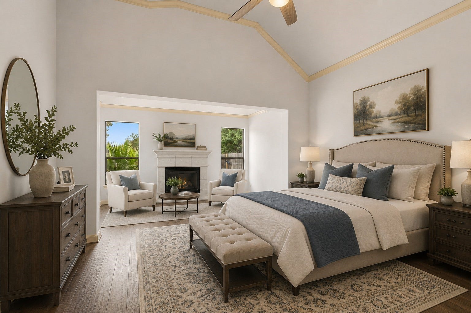 Primary bedroom has a big extra setting area and it's own fireplace with views into the backyard retreat!