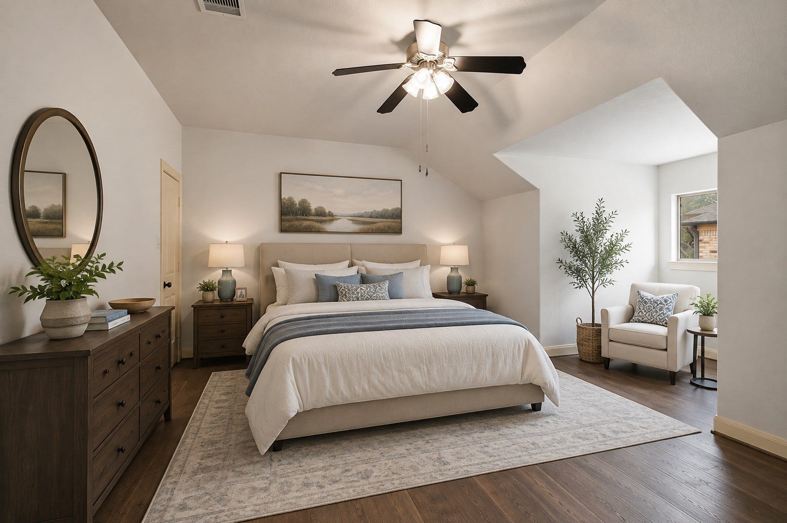 Upstairs bedroom has it's own bathroom.  Plus there are 3 more bedrooms downstairs plus a flex room.