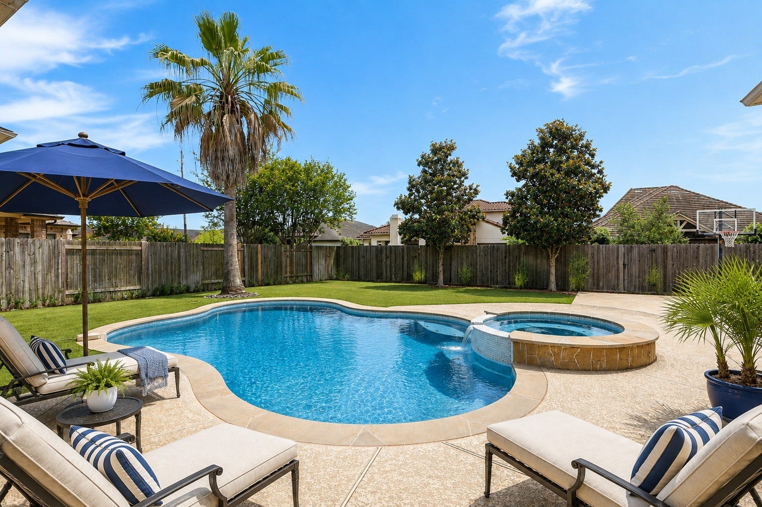 935 Poydras in desirable neighborhood of the Estates of Oyster Creek.   Nice big pool, backyard basketball court and low maintenance turf grass.  Come home to your own private resort every day!
