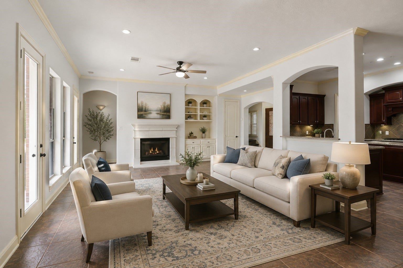 Living room opens to kitchen with a wall of windows and views to your backyard.  High ceilings with recessed lighting.
