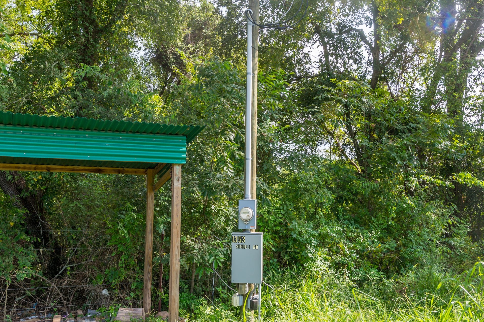 This photo shows a utility pole with a meter and a small green-roofed structure, set against a backdrop of dense, leafy trees.