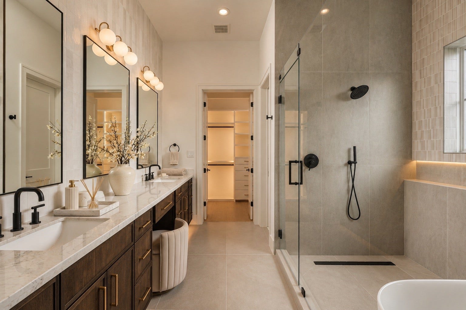 2107 McKean Drive, Houston, TX 77080 The primary bath delivers a spa-like experience with a generous dual vanity, dedicated makeup station, and an oversized frameless glass shower with a ceiling-mounted rainfall showerhead.