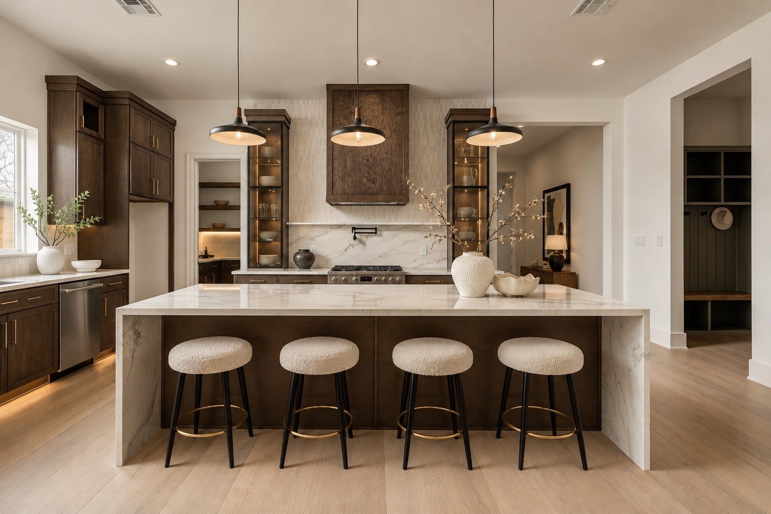 2107 McKean Drive, Houston, TX 77080 A front-facing view highlights the kitchens symmetry and tailored composition, with the oversized island anchoring the space and seating five comfortably for casual dining and conversation.