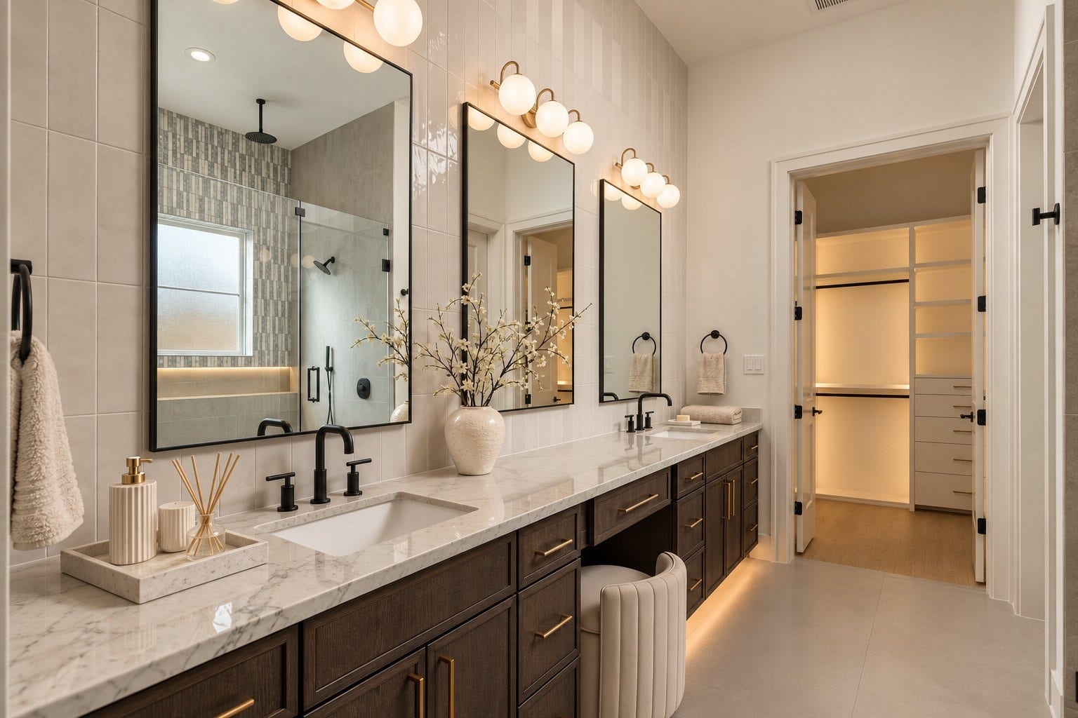 2107 McKean Drive, Houston, TX 77080 A closer look at the primary vanity showcases Mount Blanc Quartzite countertops, abundant storage, and a dedicated makeup station, with direct access to one of the suites two custom closets.