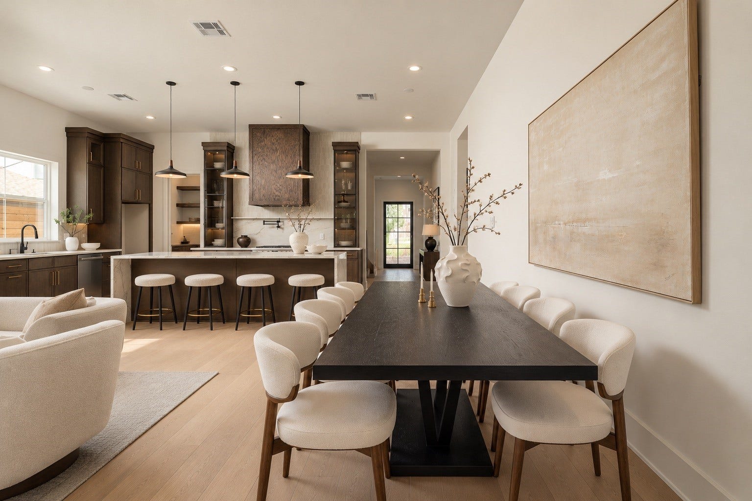 2107 McKean Drive, Houston, TX 77080 A beautiful interplay of light and dark finishes defines this view, with warm engineered oak flooring contrasting against the kitchen's deep-toned cabinetry.