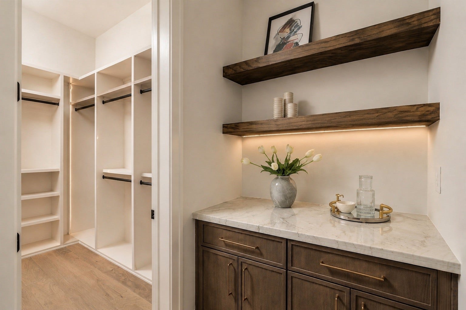 2107 McKean Drive, Houston, TX 77080 One of two closets in the primary bedroom with dedicated coffee bar within the primary suite adds a hotel-inspired touch, complete with custom cabinetry and open shelving for a refined morning ritual.