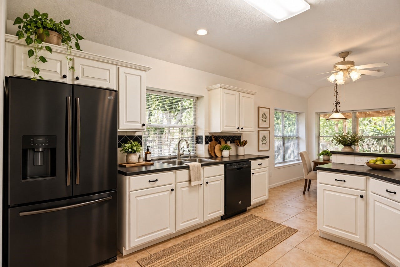 16926 Cobbler Crossing Drive, Sugar Land, TX 77498 Virtual staging shows how a few personal touches can warm this crisp black and white kitchen right up, giving the space a comfortable, lived in feel while still letting the clean finishes shine.