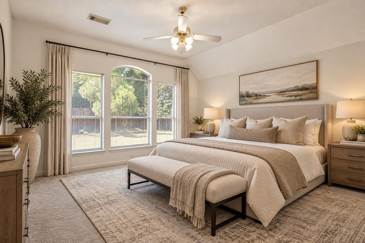 16926 Cobbler Crossing Drive, Sugar Land, TX 77498 Virtually staged to ignite your imagination, this spacious primary retreat shows just how easily the room can become a relaxing escape at the end of the day. The vaulted ceiling, soft neutral palette and backyard views set a peaceful tone, with plenty of space to create a comfortable retreat that feels entirely your own.