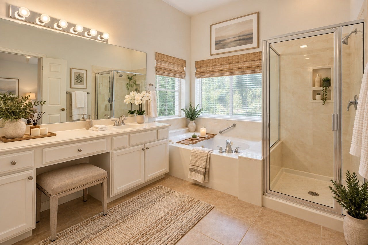 16926 Cobbler Crossing Drive, Sugar Land, TX 77498 Virtually staged to show just how inviting this primary bath can feel, with the jetted tub, separate shower and a dual sink vanity coming together in a space that is ready for a little everyday pampering.