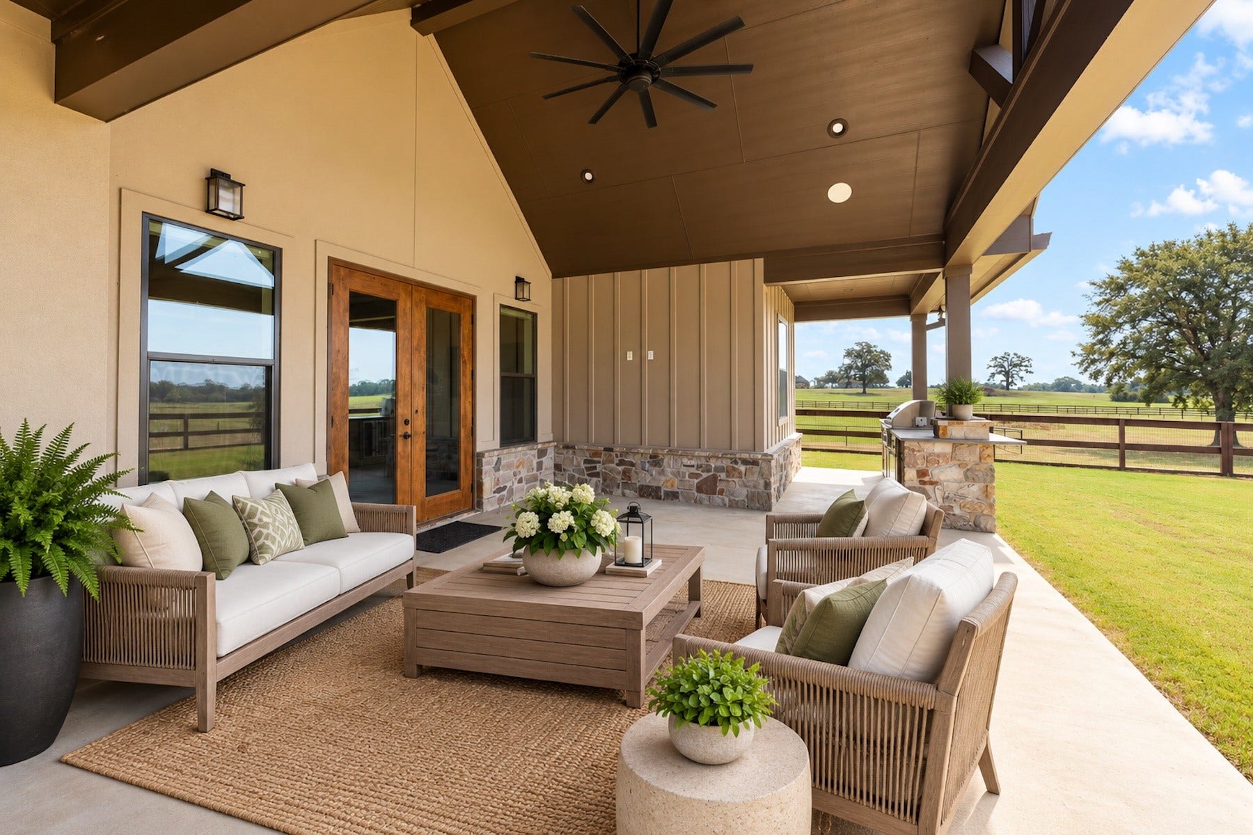 30163 High Spirit Ranch Road, Hempstead, TX 77445 Large covered back patio with rich wood glass doors and a well-appointed space for all your patio furniture. Notice the outdoor kitchen and bar area. (Virtually staged furniture)