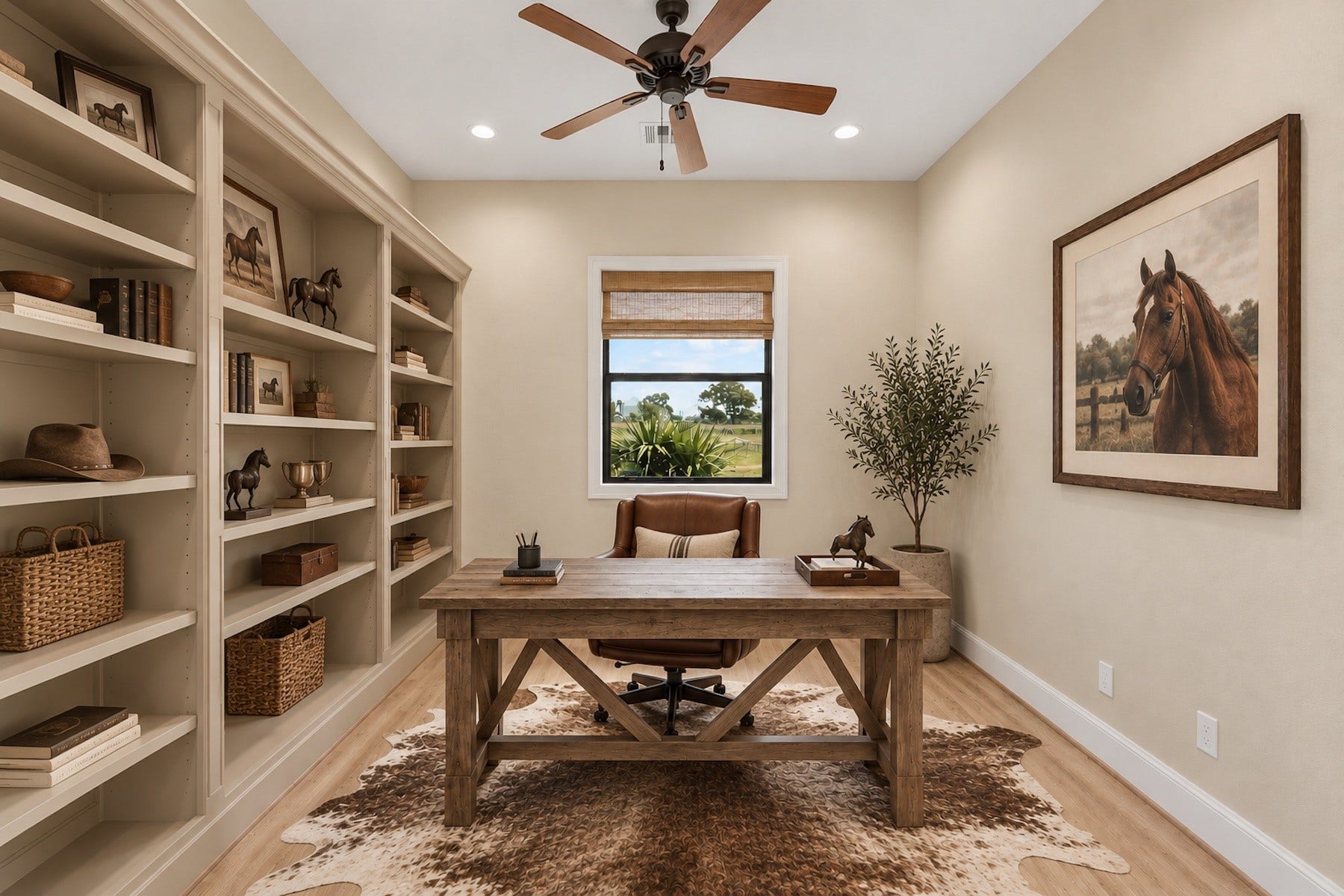30163 High Spirit Ranch Road, Hempstead, TX 77445 Study features built-in bookshelves, wood-look LVP flooring, and custom window treatments. Study is at the front of the home. (Virtually staged furniture)