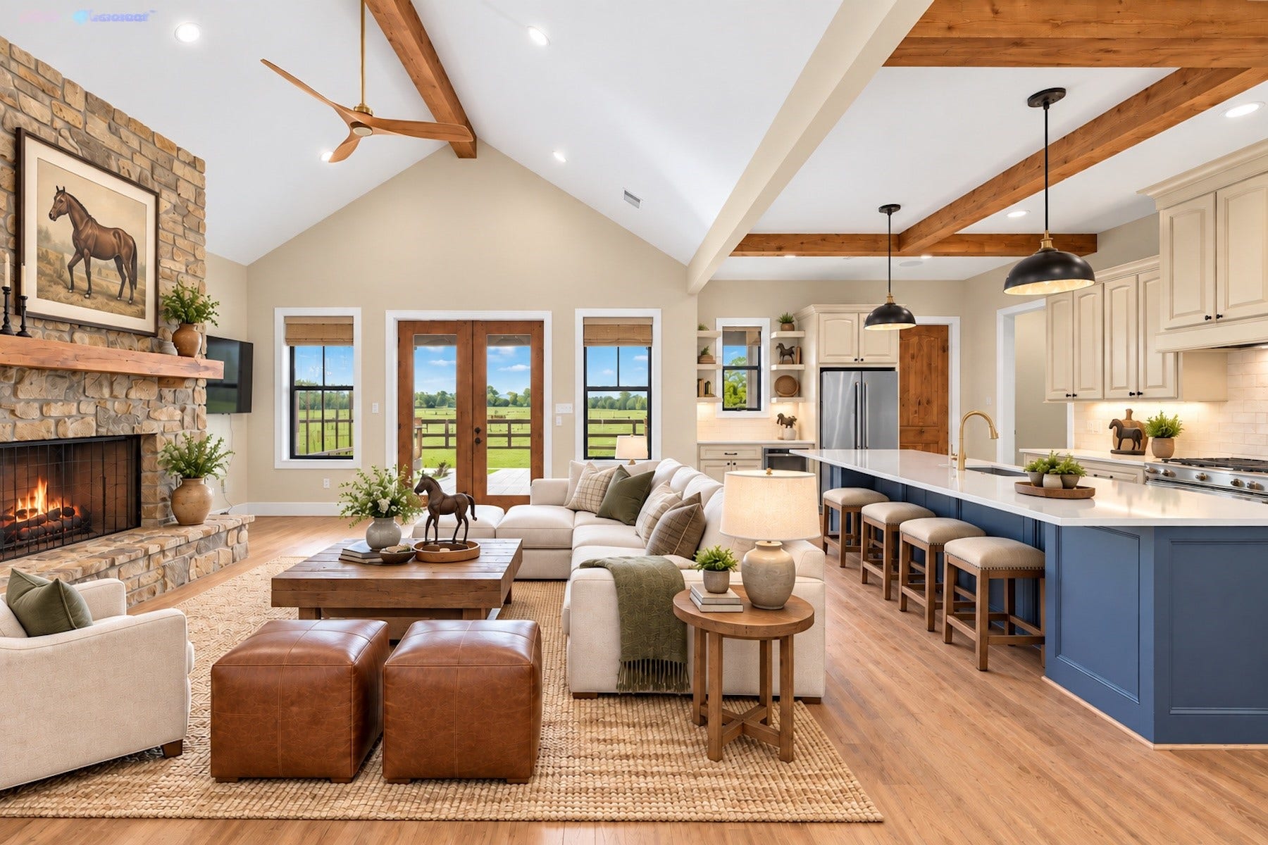 30163 High Spirit Ranch Road, Hempstead, TX 77445 Living room offers a cozy atmosphere with views of the back of the property with access through the wooden double doors to the patio. (Virtually staged furniture)