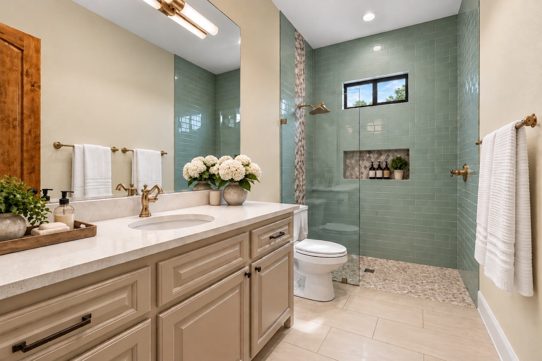 30163 High Spirit Ranch Road, Hempstead, TX 77445 Secondary bathroom offers an oversized shower with pebbled flooring and accents.