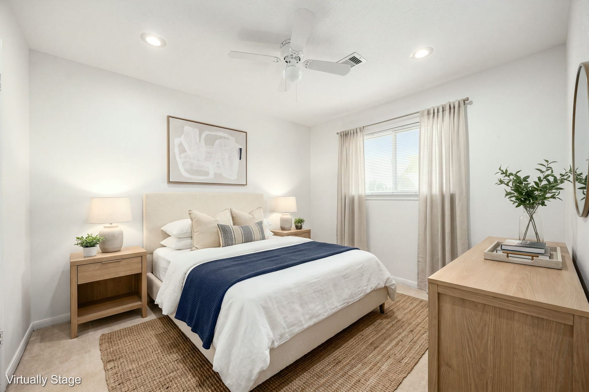 Virtually staged upstairs bedroom demonstrates the rooms potential for a comfortable sleeping space.