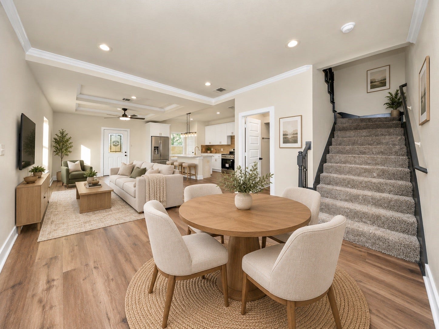 6675 Nielan Street, Houston, TX 77028 Open-concept first floor featuring 9-ft ceilings, durable LVP flooring, crown molding, oversized baseboards & a spacious dining area with easy access to the kitchen | Virtually staged