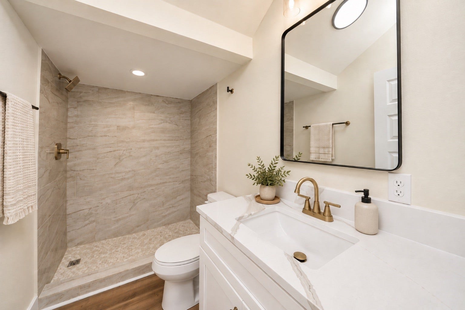 6675 Nielan Street, Houston, TX 77028 Convenient first-floor full bathroom featuring a spacious walk-in shower with decorative tile surround, quartz vanity countertop, framed mirror & modern fixtures.