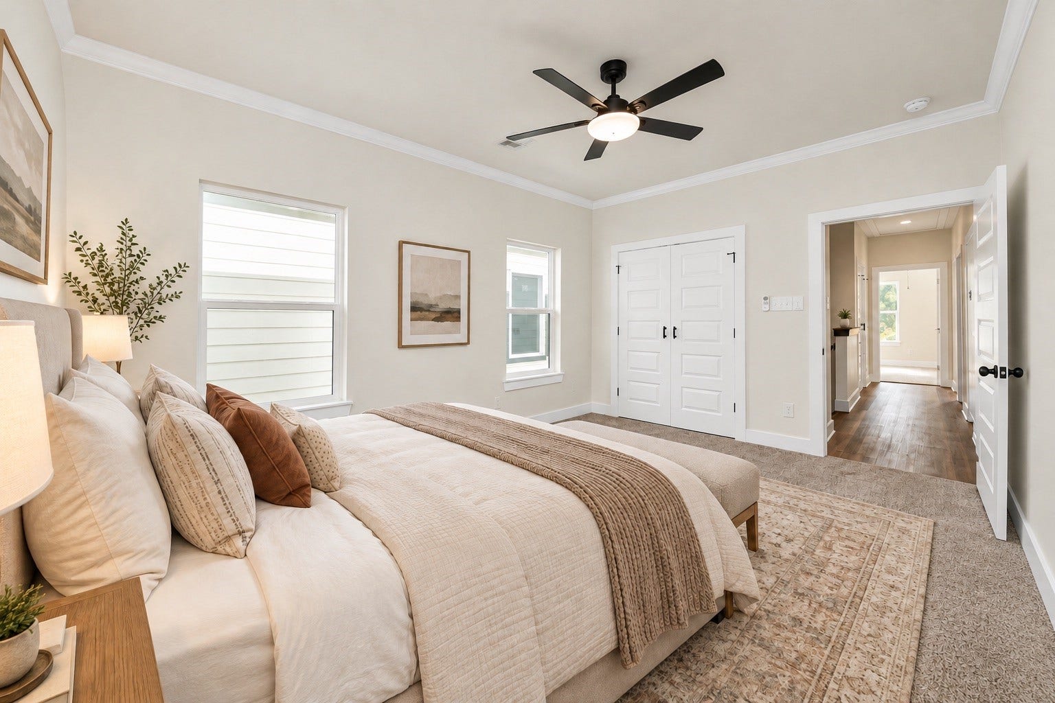 6675 Nielan Street, Houston, TX 77028 Additional view of the private primary suite showcasing its generous dimensions, beautiful ceiling details, neutral finishes & convenient access to the ensuite bathroom | Virtually staged