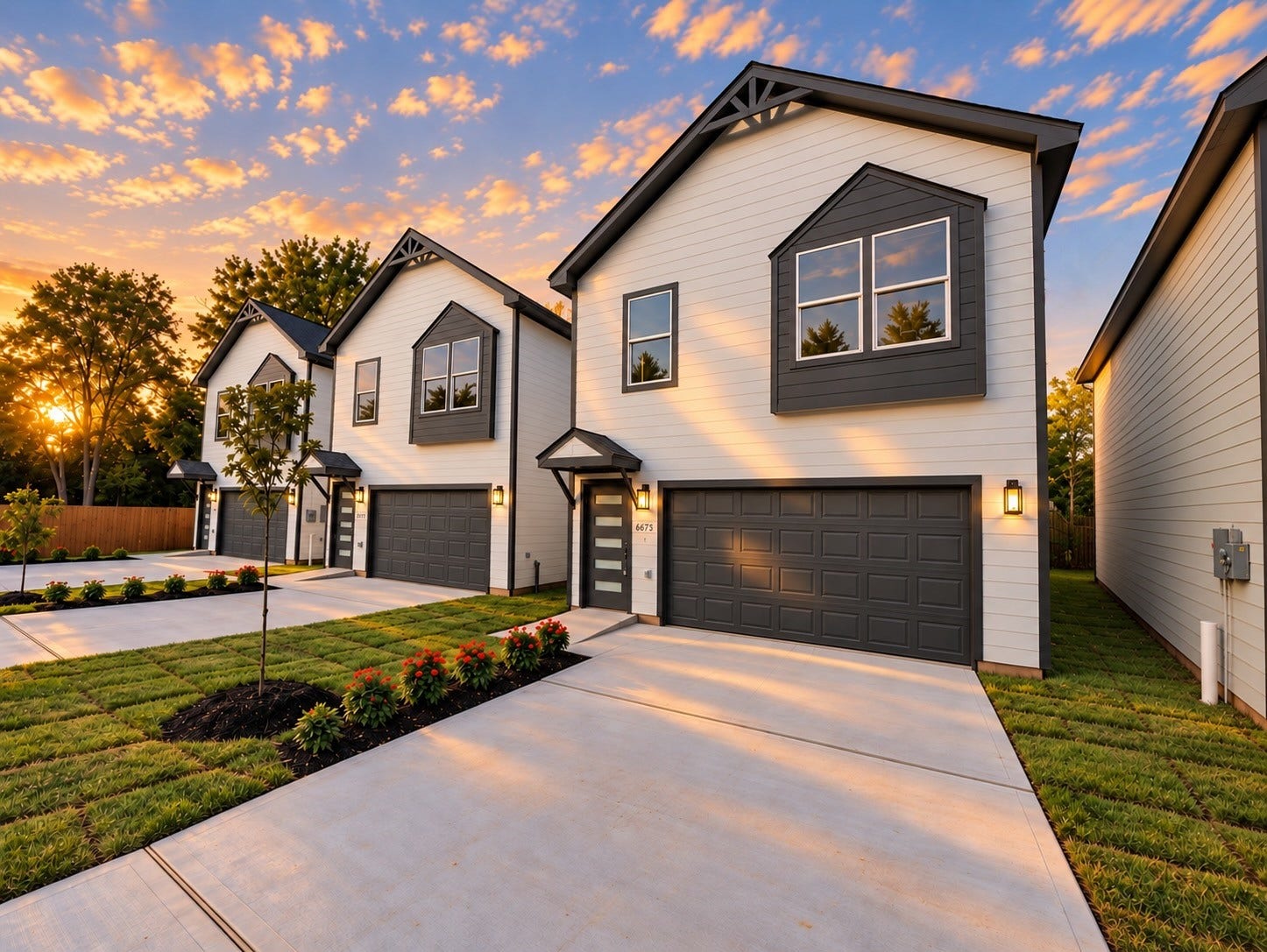 6675 Nielan Street, Houston, TX 77028 Beautiful front elevation showcasing the home's modern design, decorative exterior accents, covered entry, contemporary front door & spacious 2-car garage.
