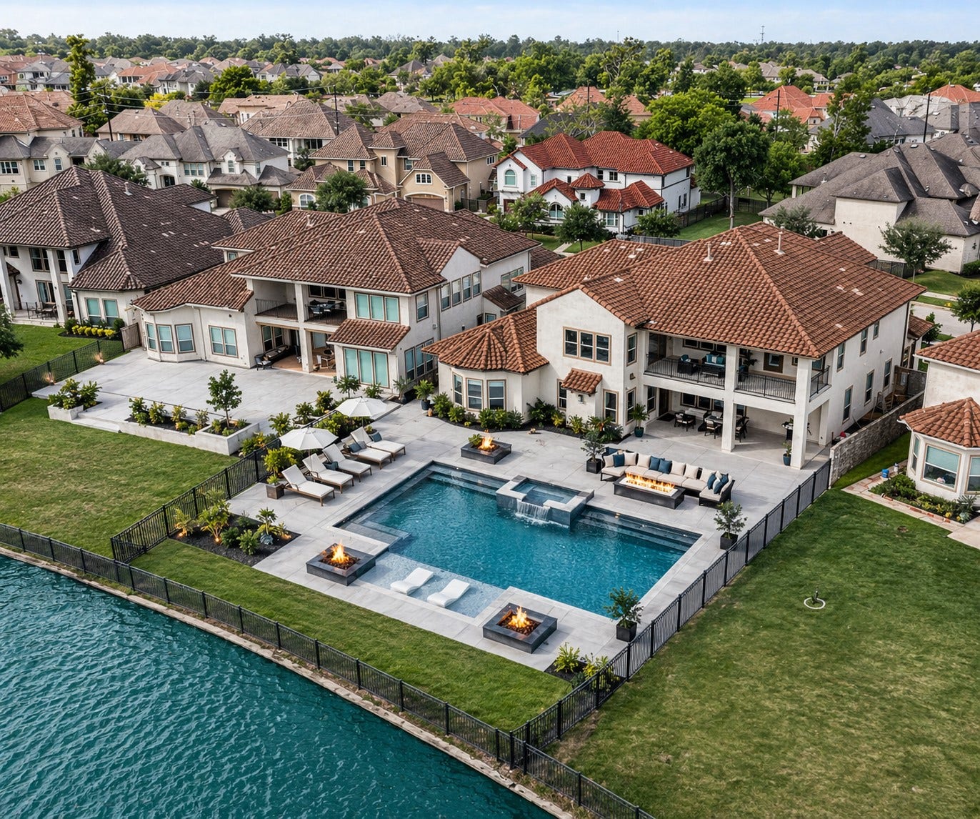 5403 Rouchel Brook Lane, Sugar Land, TX 77479 Aerial perspective highlighting the homes prime lot, lakefront setting, and surrounding luxury community. Rendering of your resort-themed backyard potential featuring a custom pool, spa, fire features, and expansive outdoor living space. Virtual rendering only.