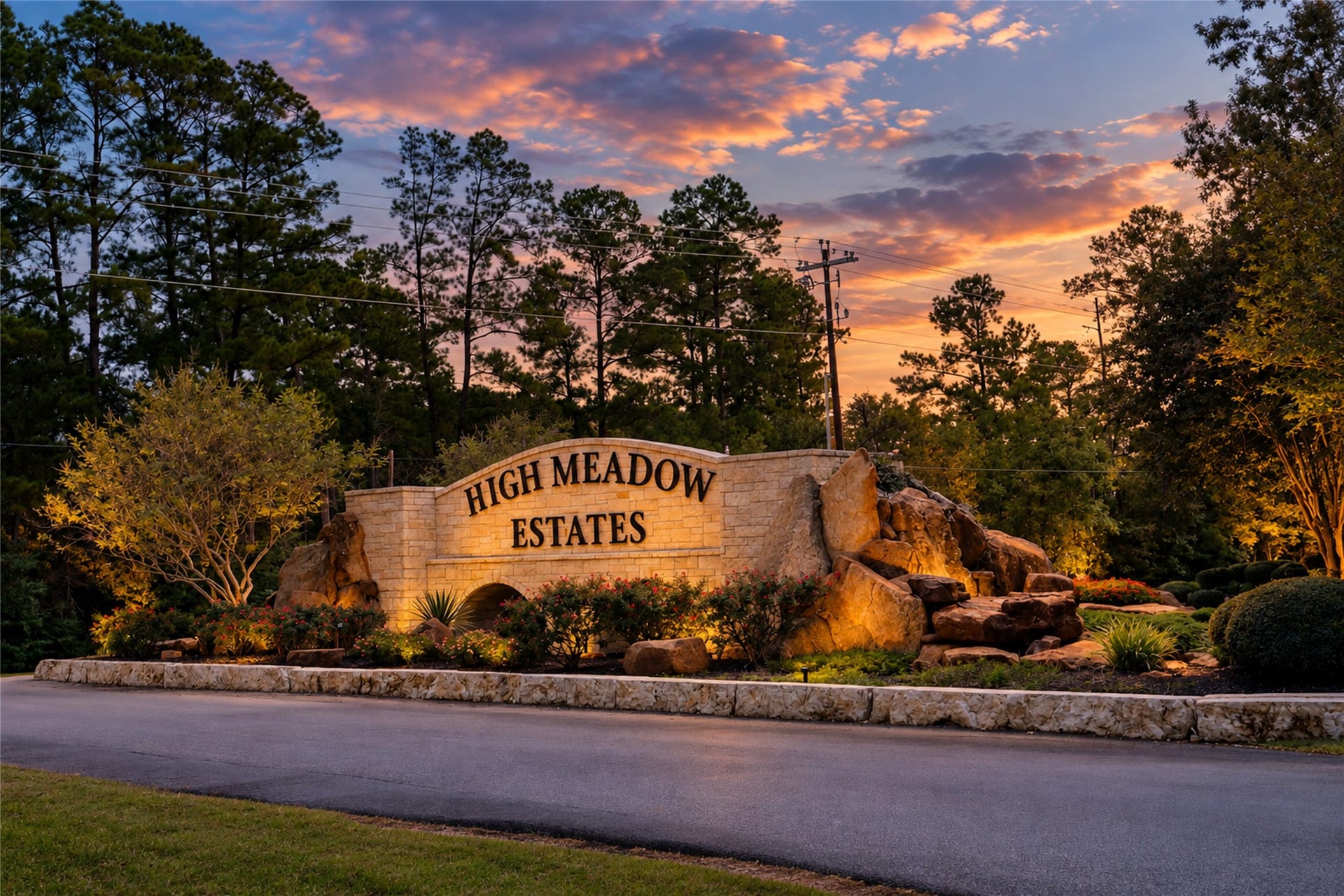 7078 Texas Trace, Montgomery, TX 77316 The stone entrance welcomes you to High Meadow Estates, where mature trees and spacious surroundings set the tone.