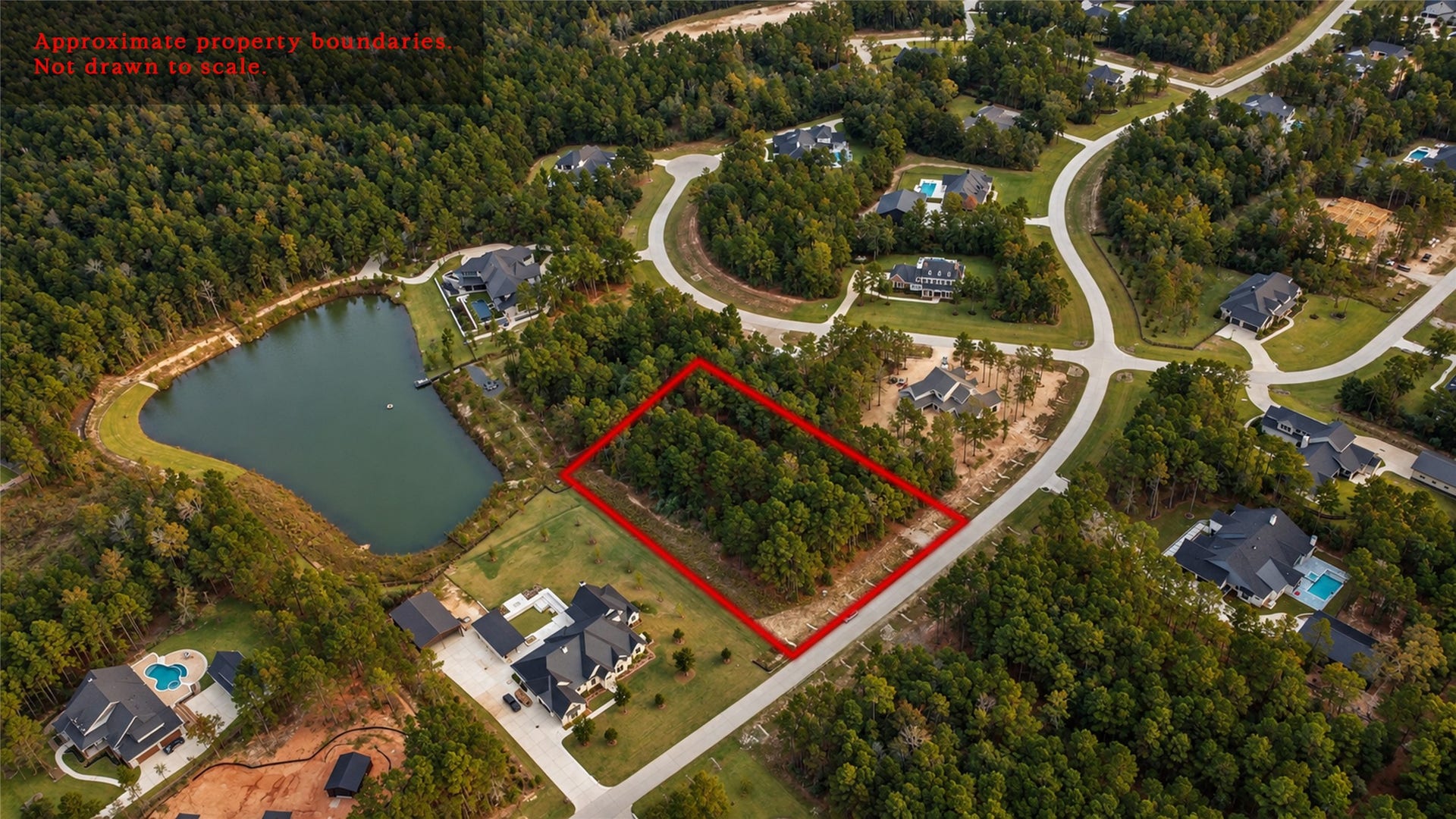 7078 Texas Trace, Montgomery, TX 77316 Approximate property boundaries are outlined in red for reference. Lines are not drawn to scale and do not replace a survey. The nearby lake is shown for context.