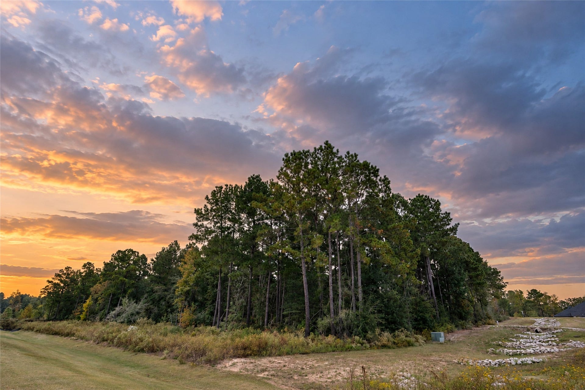 7078 Texas Trace, Montgomery, TX 77316 A sunset view highlights the propertys mature trees and natural beauty.