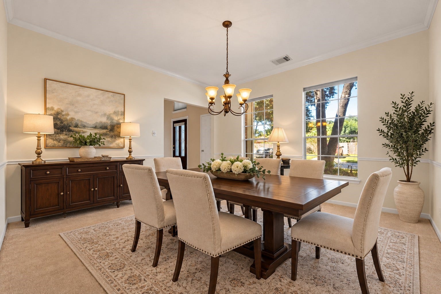 1344 Coleman Boylan Drive, League City, TX 77573 AI picture showing how furniture can be laid out in the dining room.