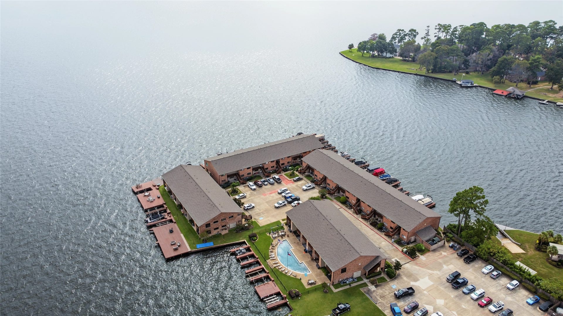 Overhead view of the waterfront condominium community with convenient access to Lake Conroe.