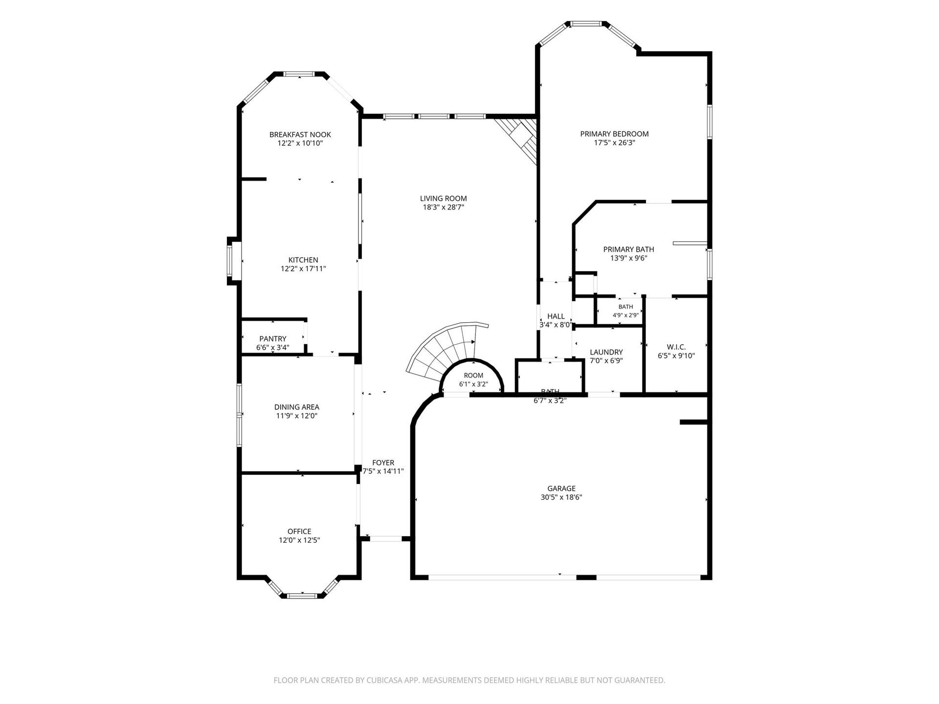 1st Floor: Features primary suite, dedicated home office, kitchen, breakfast nook, dining area, living room, and three-car garage.