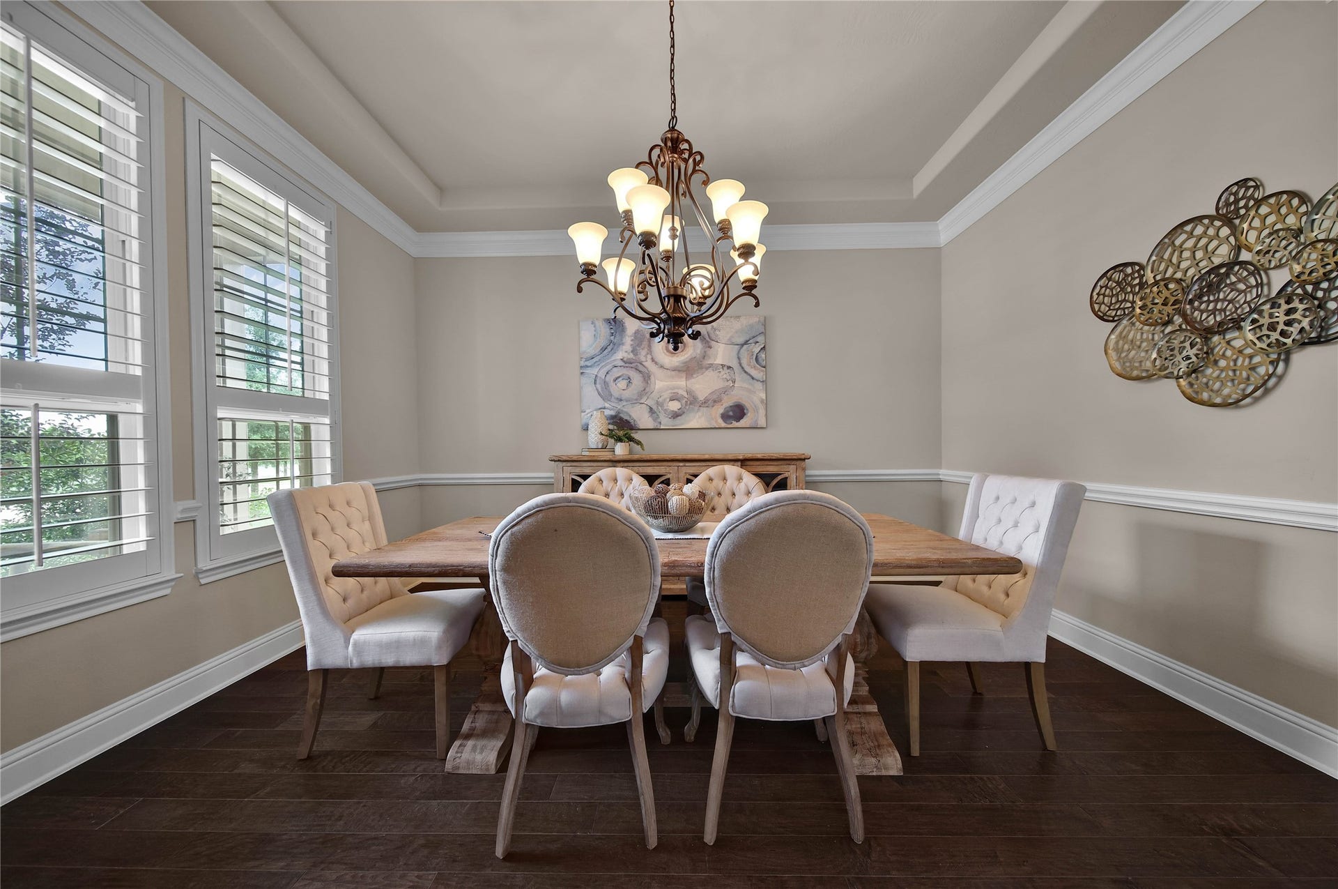 27707 Lakeway Trail Lane, Fulshear, TX 77441 Dine in uncrowded comfort in the elegant dining room, beautifully accented with crown molding and a tray celing for timeless charm.