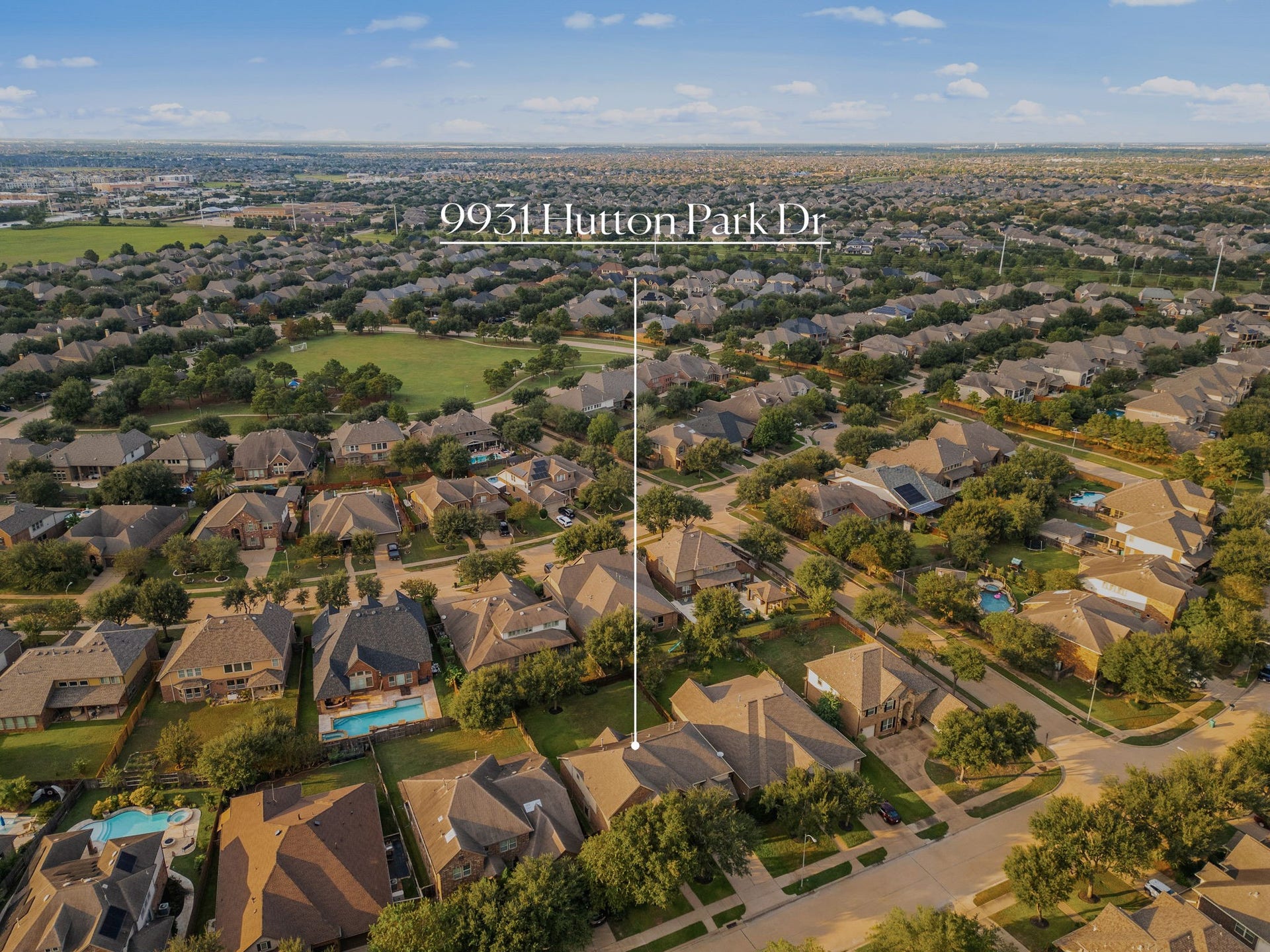 9931 Hutton Park Drive, Katy, TX 77494 This aerial perspective highlights the property's prime location within a vibrant, family-oriented community featuring an expansive park and playground just a short stroll from your front door. Perfectly situated away from busy main roads yet incredibly convenient, this home provides a quiet retreat with easy access to neighborhood walking trails, recreational fields, and highly acclaimed Katy ISD schools.