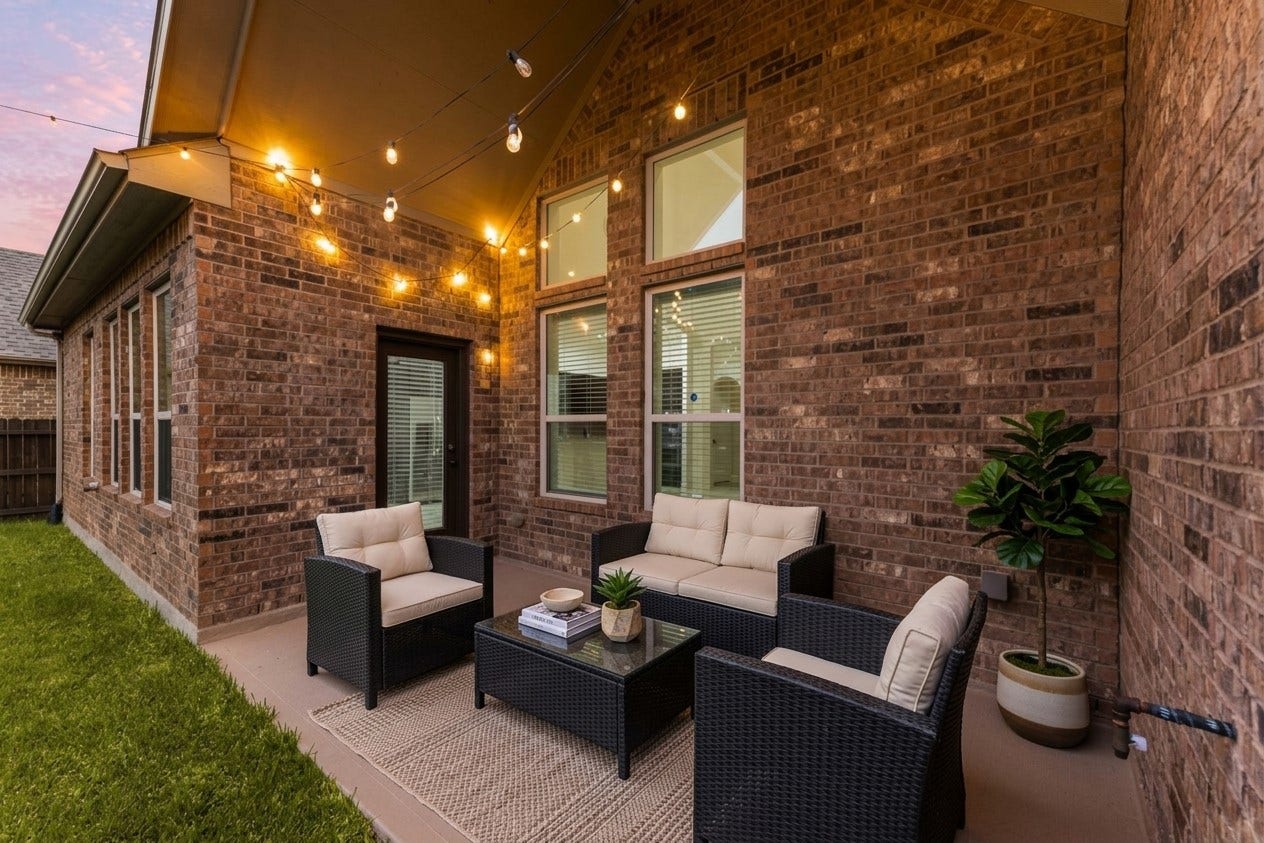 9931 Hutton Park Drive, Katy, TX 77494 This charming outdoor living space features a handsome, all-brick exterior wall accented by towering windows that flood the home's interior with light. The generous covered area extends naturally into the backyard lawn, offering the perfect footprint for evening relaxation, al fresco dining, or weekend entertaining beneath the integrated lighting.