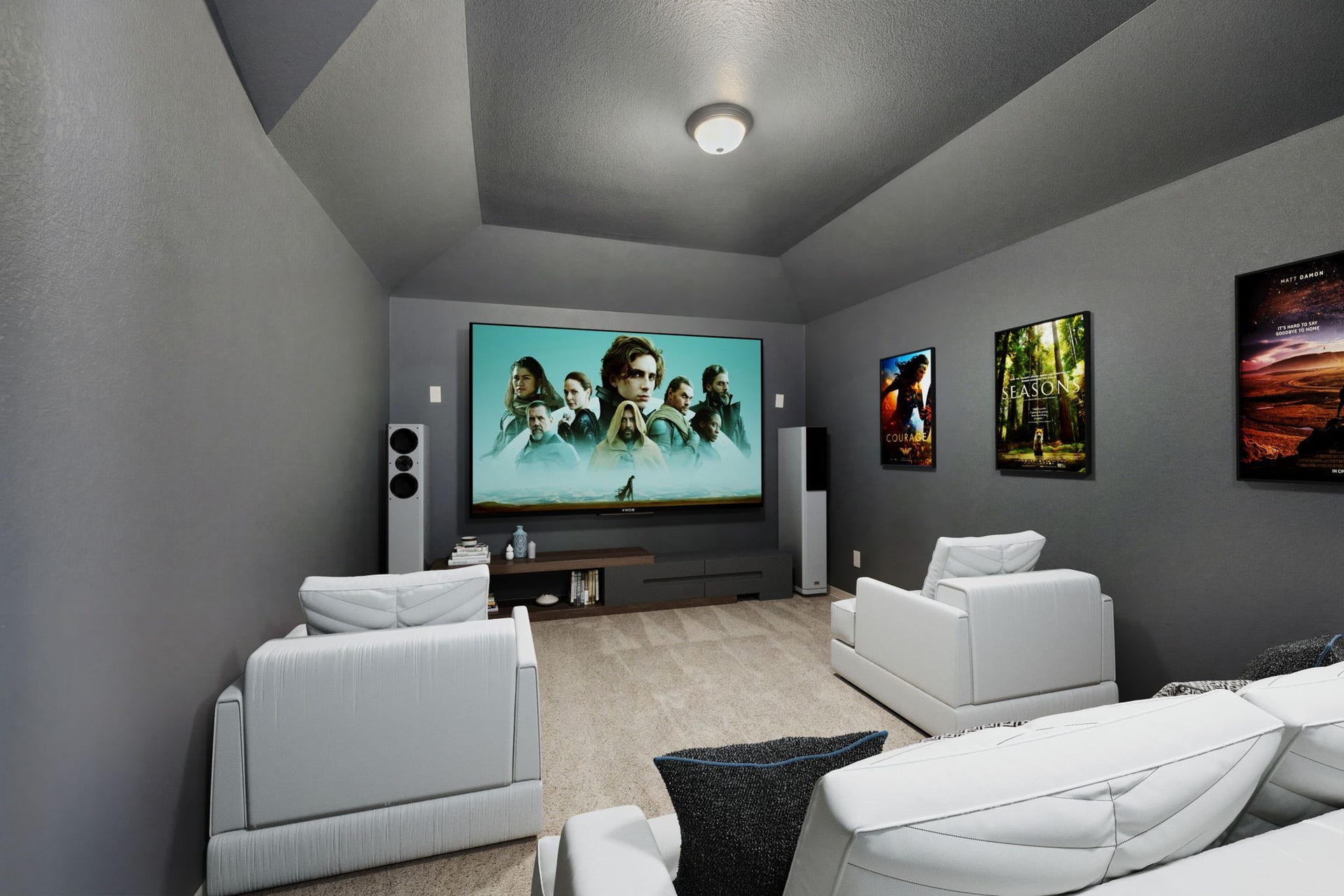 30715 Parkside Passage Drive, Fulshear, TX 77441 Bring the theater experience home with this spectacular, dedicated media room designed for ultimate movie nights and sports viewing. The professionally styled space features a dramatic deep-charcoal color palette across the walls and the geometric tray ceiling, intentionally chosen to optimize screen contrast and minimize light reflection. Plush carpeting completes this fully immersive entertainment sanctuary. *Virtually Staged