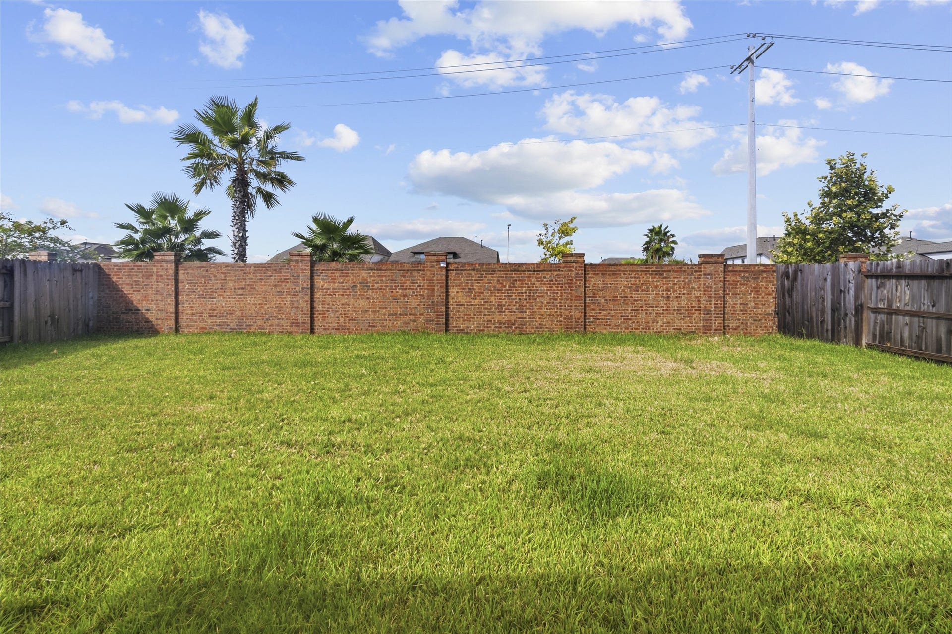 2909 Ballast Green Drive, La Marque, TX 77568 Spacious backyard with lush green grass, bordered by a combination of brick and wooden fencing, enhanced by palm trees for a touch of tropical flair.