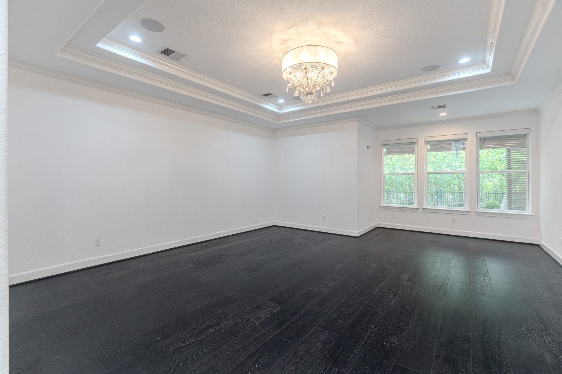 Oversized primary bedroom, electric shades, sitting area niche.