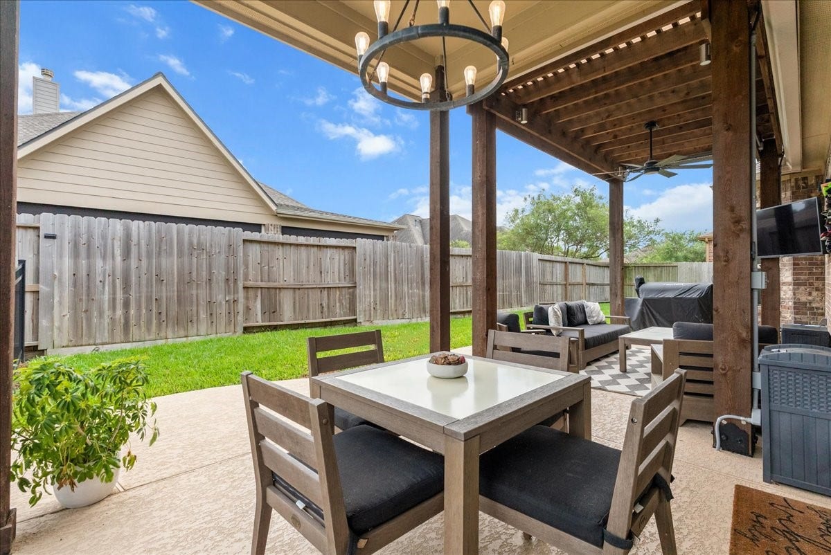 1413 Coffee Mill Court, League City, TX 77573 Step outside to your private backyard oasis featuring a sparkling pool, extended patio perfect for entertaining, and plenty of additional yard space for the kids to play.